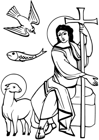 Dove, Ichthus, Lamb Of God, And Angel Coloring Page